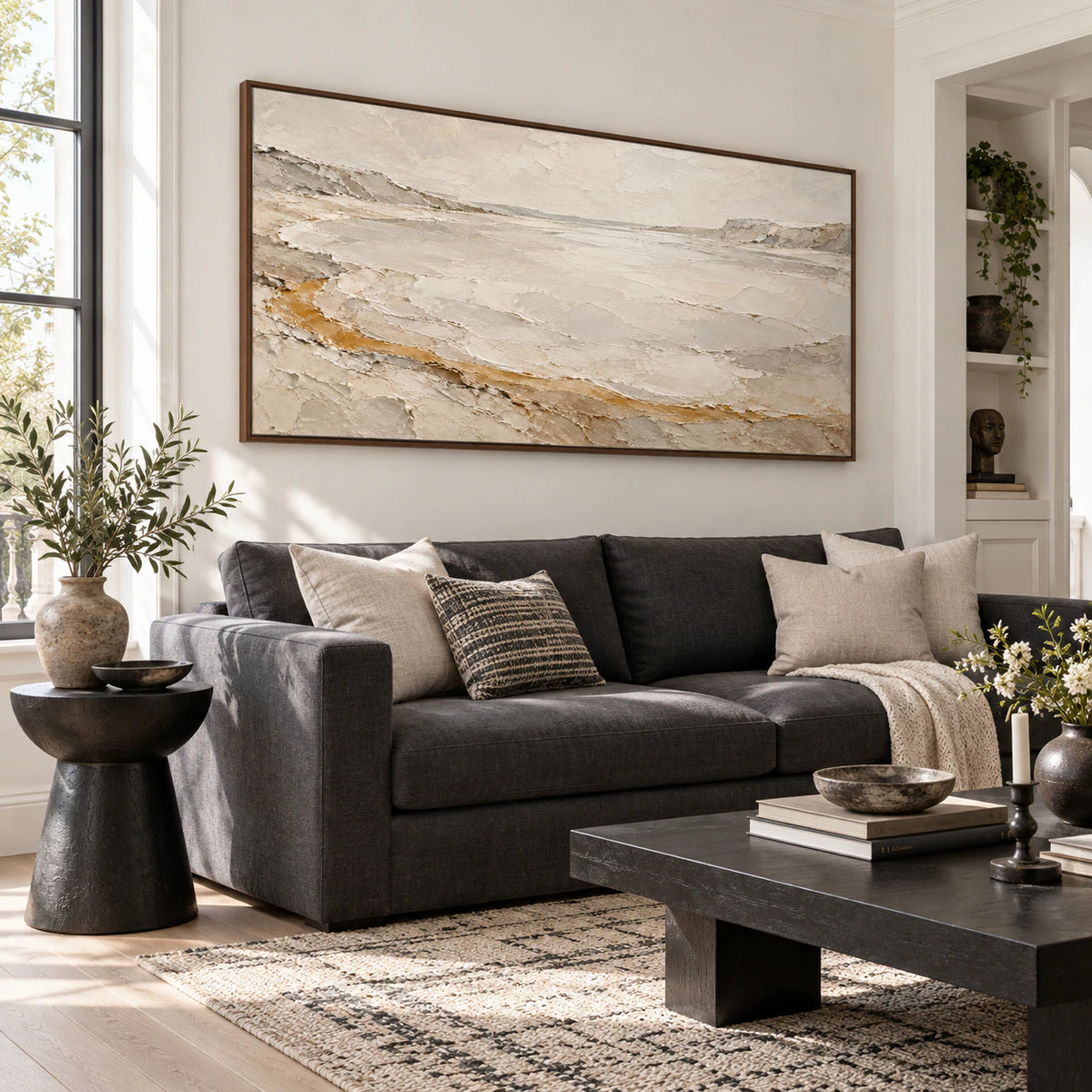 Chalk-Drift panoramic textured abstract artwork above a sofa in a bright living room.