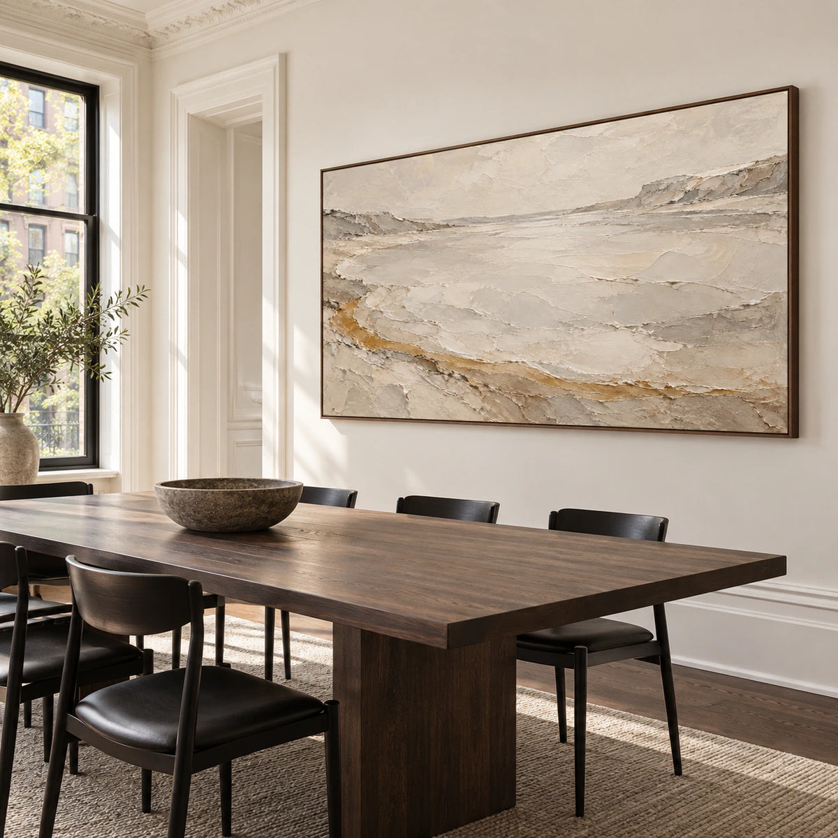 Chalk-Drift panoramic textured abstract artwork in a refined daylight dining room.