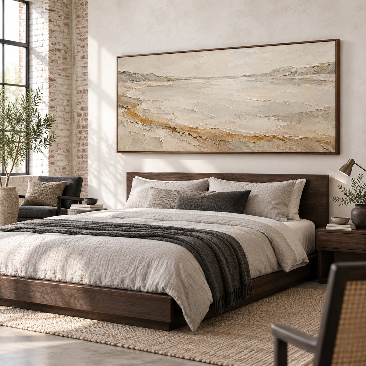 Chalk-Drift panoramic textured abstract artwork above a bed in a quiet bedroom.