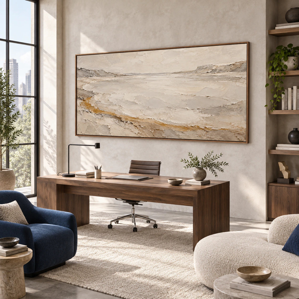 Chalk-Drift panoramic textured abstract artwork in an airy home office reading space.