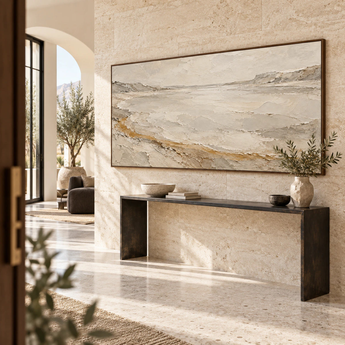 Chalk-Drift panoramic textured abstract artwork in a gallery-scale daylight foyer.