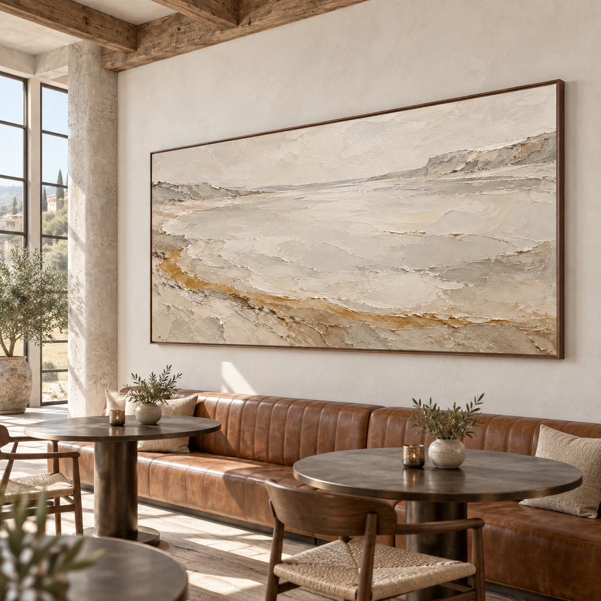 Chalk-Drift panoramic textured abstract artwork in an expansive loft hospitality interior.