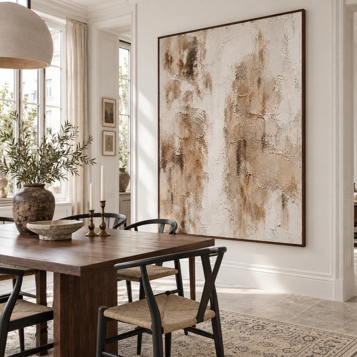 Chalk-Ember above a refined dining setting with daylight and quiet architectural detail.