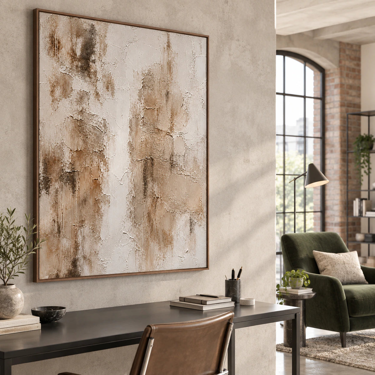 Chalk-Ember as the focal artwork in an airy home office reading space.