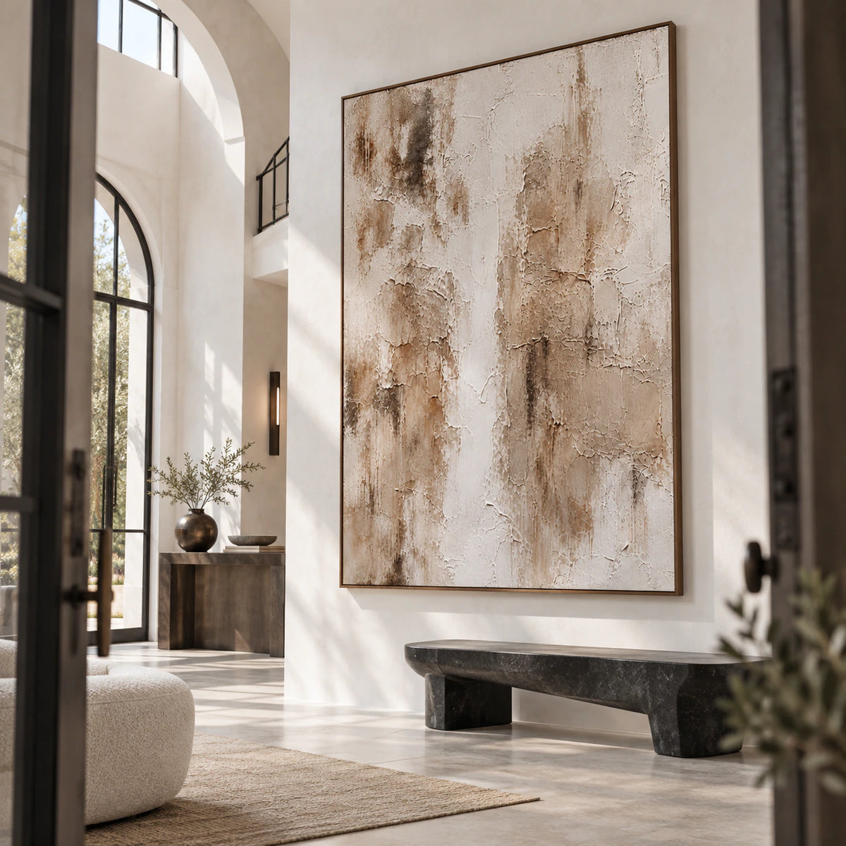 Chalk-Ember presented at gallery scale in a bright sculptural foyer.
