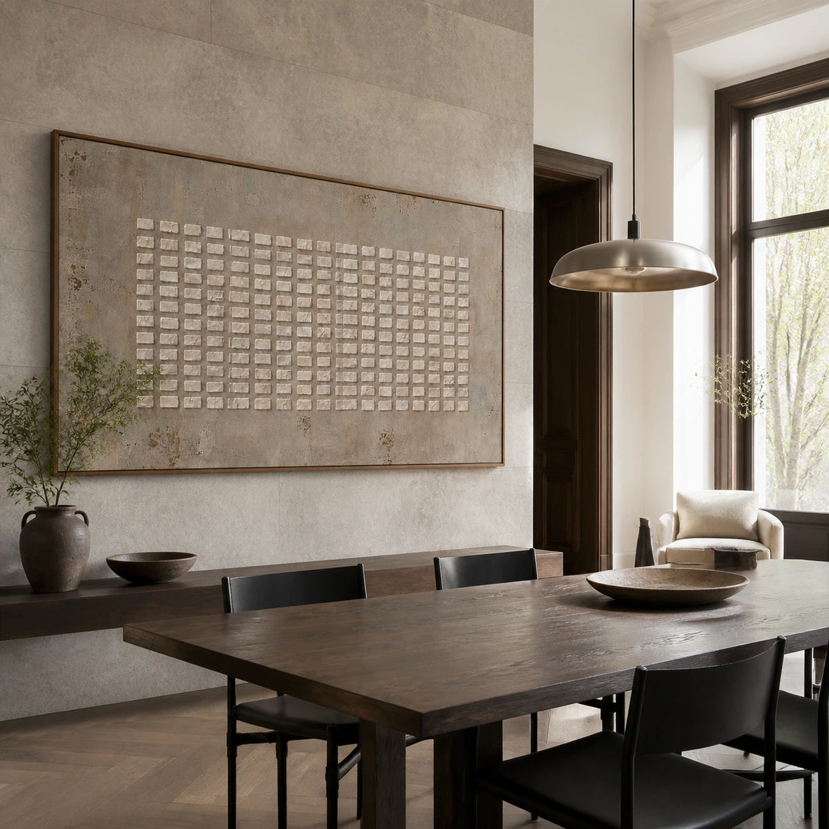 Chalk-Grid displayed above a refined dining setting with daylight across the textured surface.