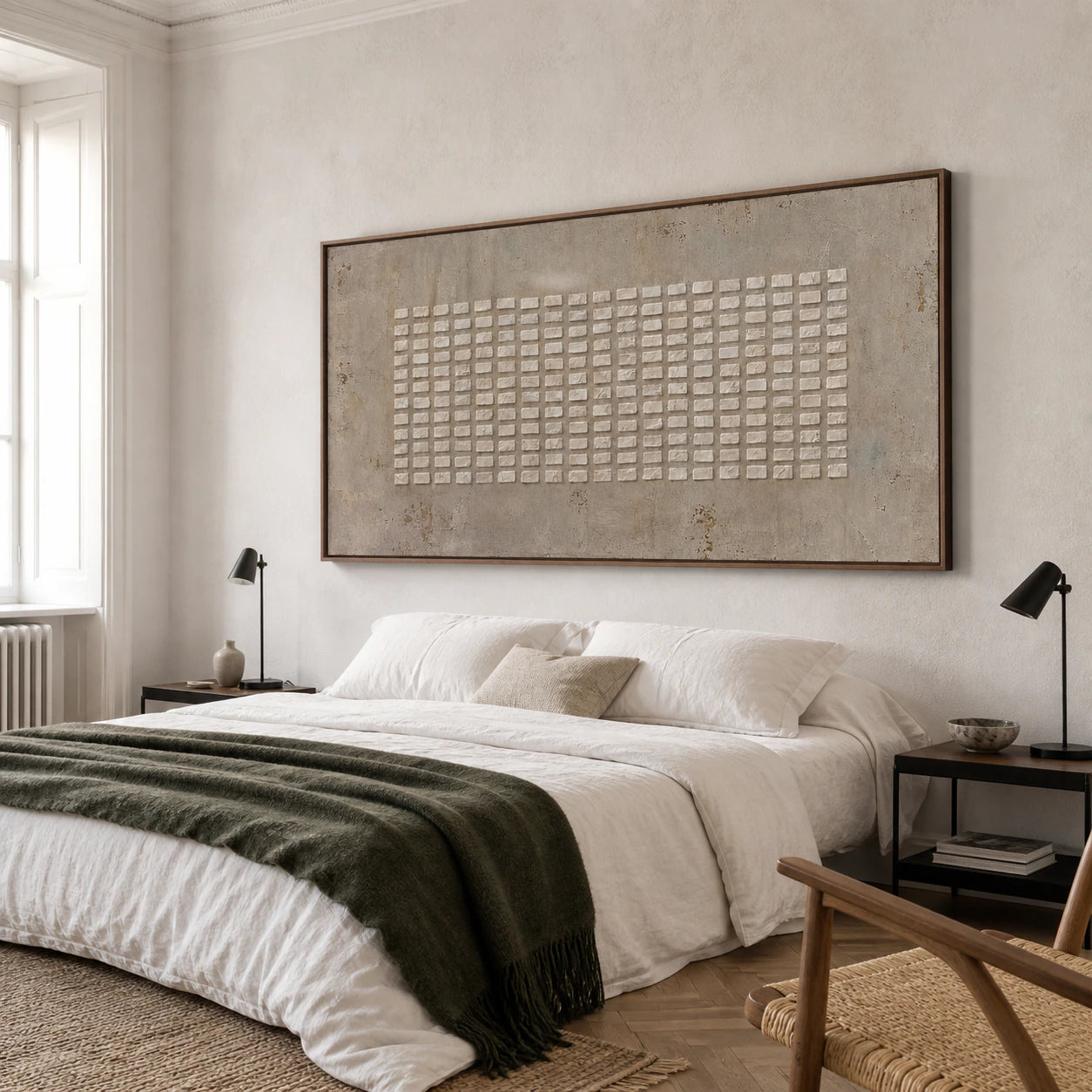 Chalk-Grid bringing quiet architectural texture to a softly lit bedroom.