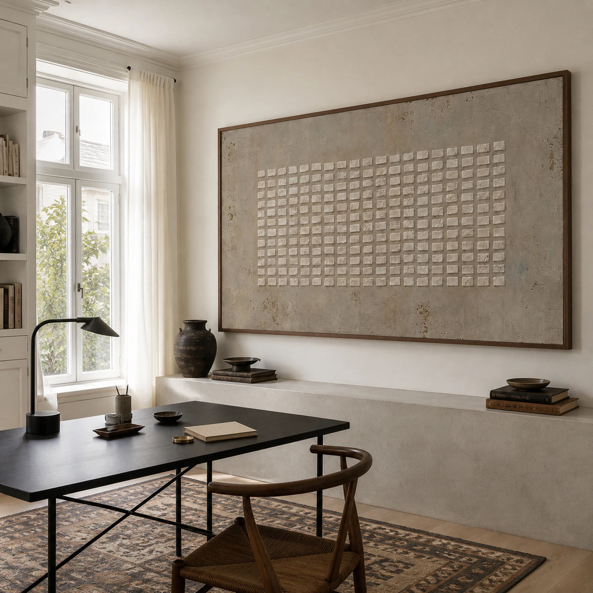 Chalk-Grid anchoring an airy home office reading space with clean natural light.