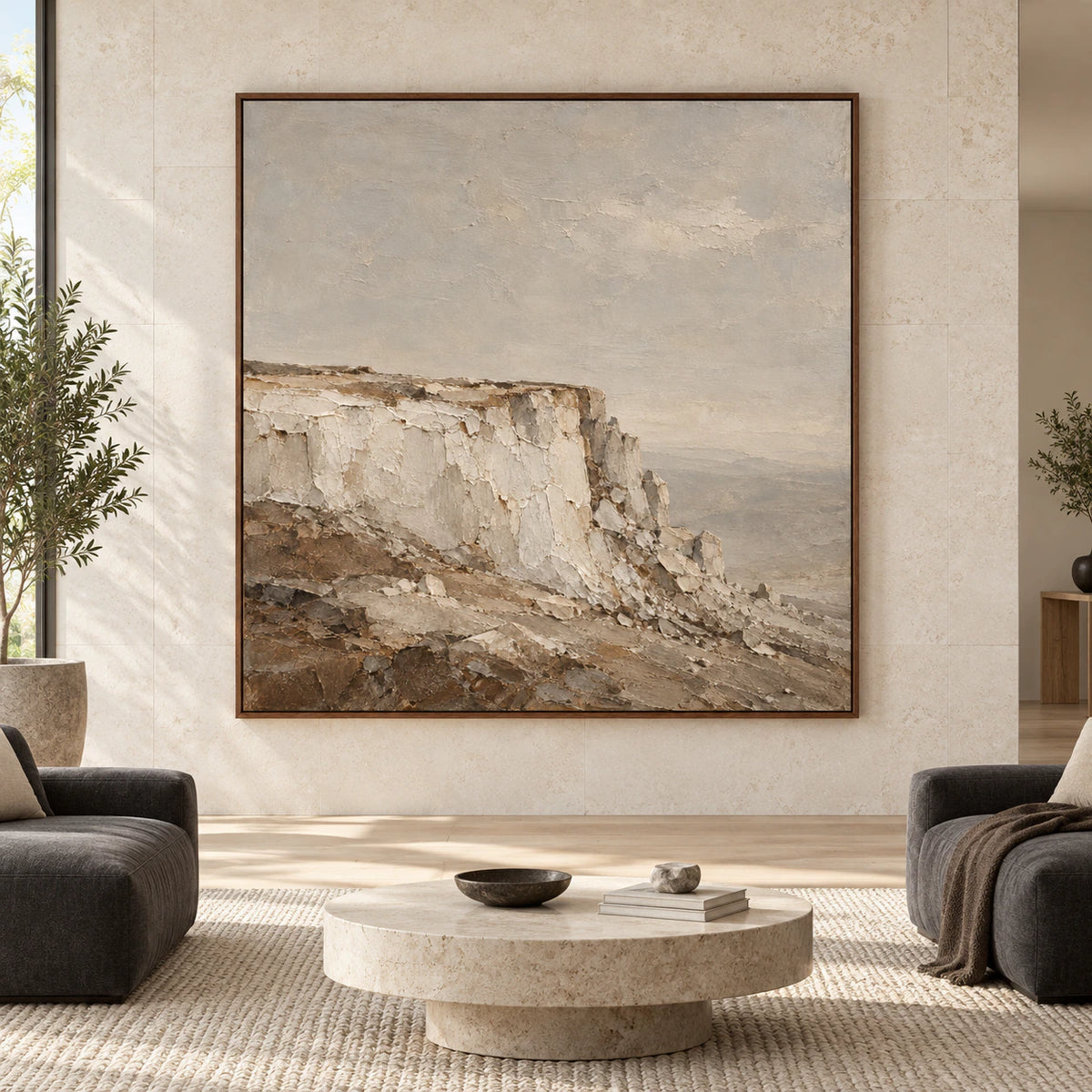 Large straight-on gallery interior with Chalk-Headland as the central oversized square artwork.