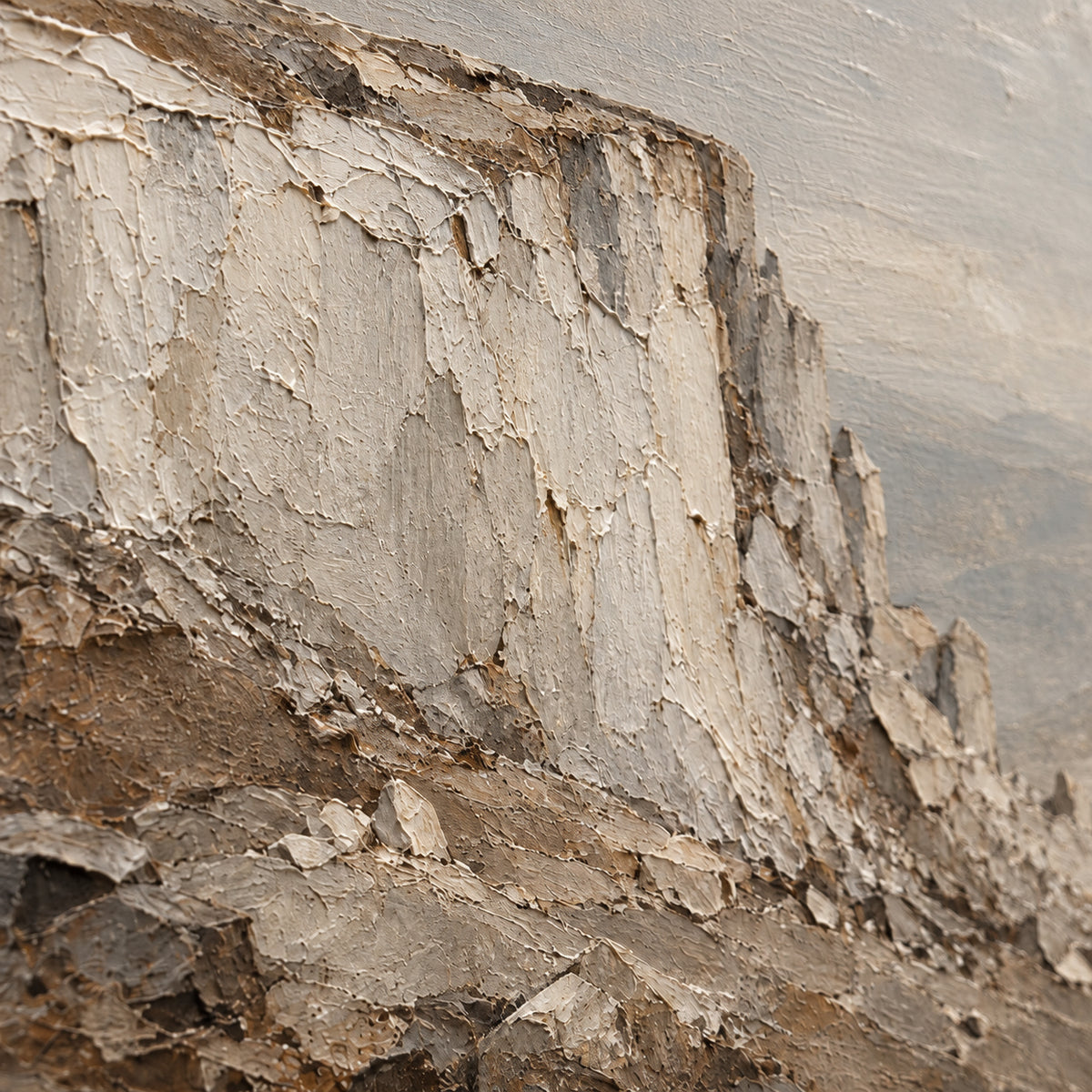 Chalk-Headland oil painting brushwork and impasto detail photographed from an oblique side angle