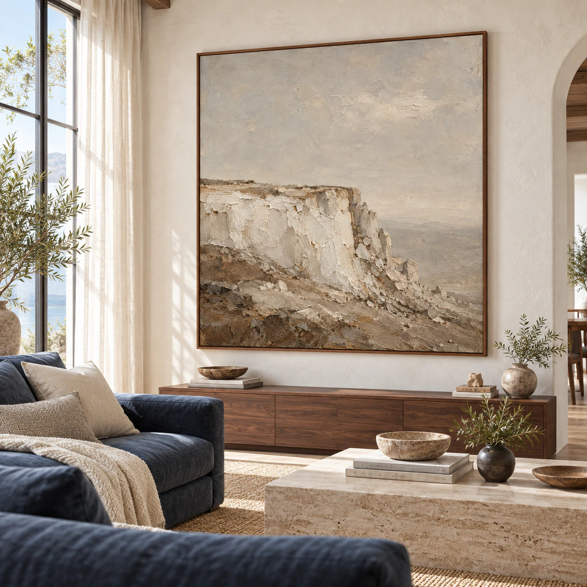 Bright living room featuring Chalk-Headland as a large square focal artwork.