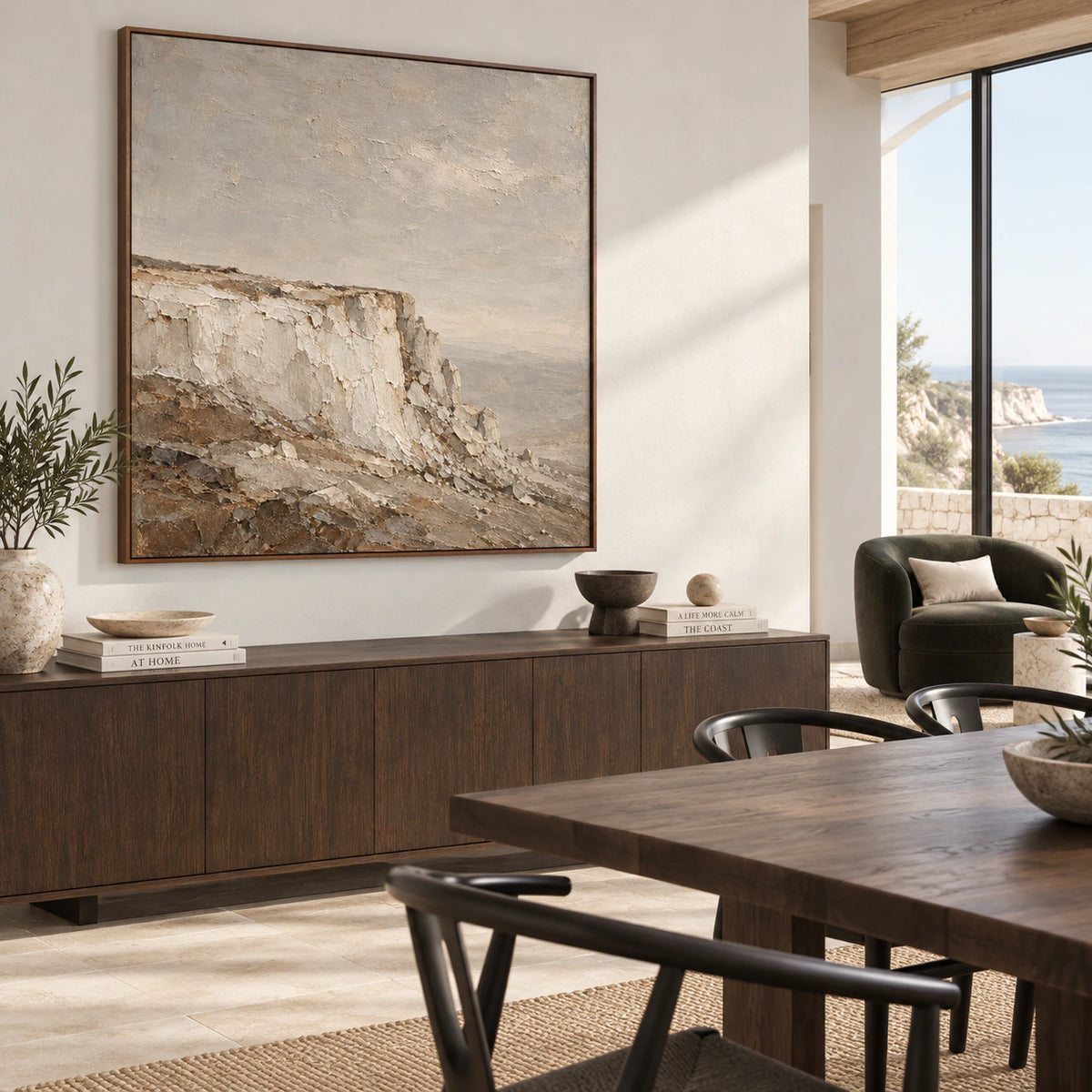 Refined dining room with Chalk-Headland displayed prominently above a sideboard.