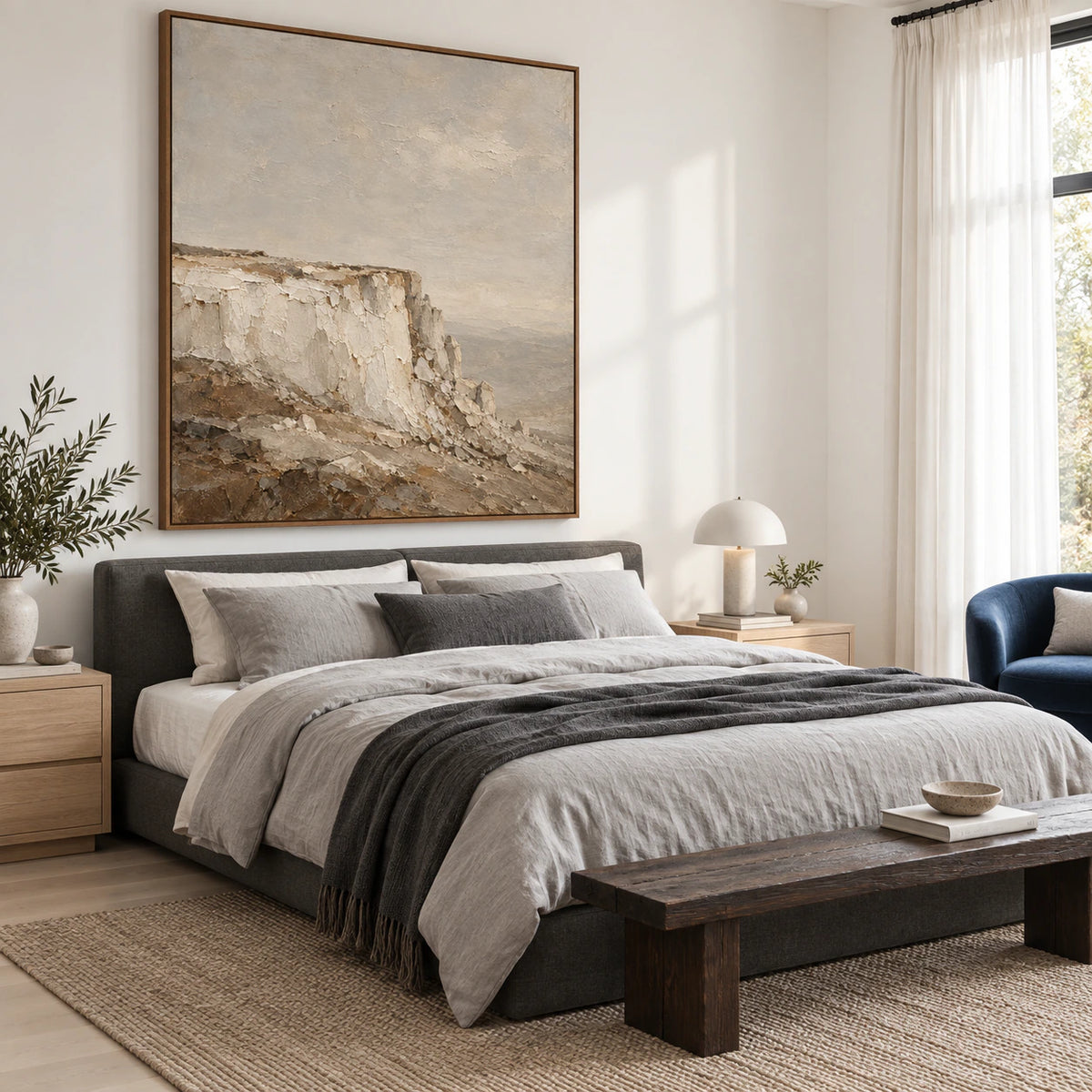 Quiet bedroom with Chalk-Headland as the large square focal artwork.