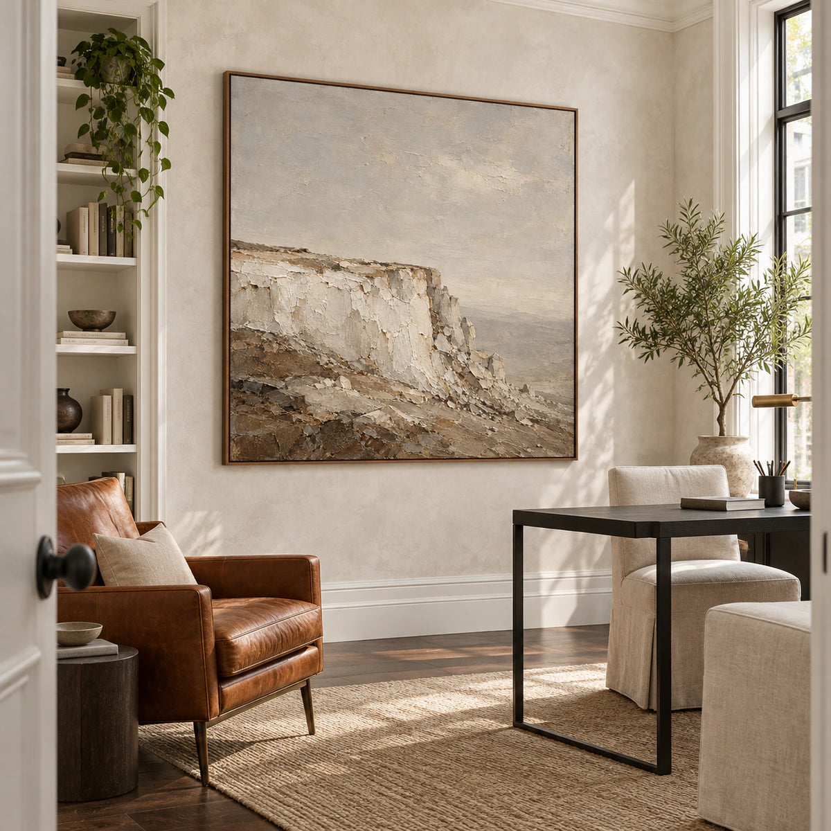 Airy reading space with Chalk-Headland as a prominent textured wall artwork.