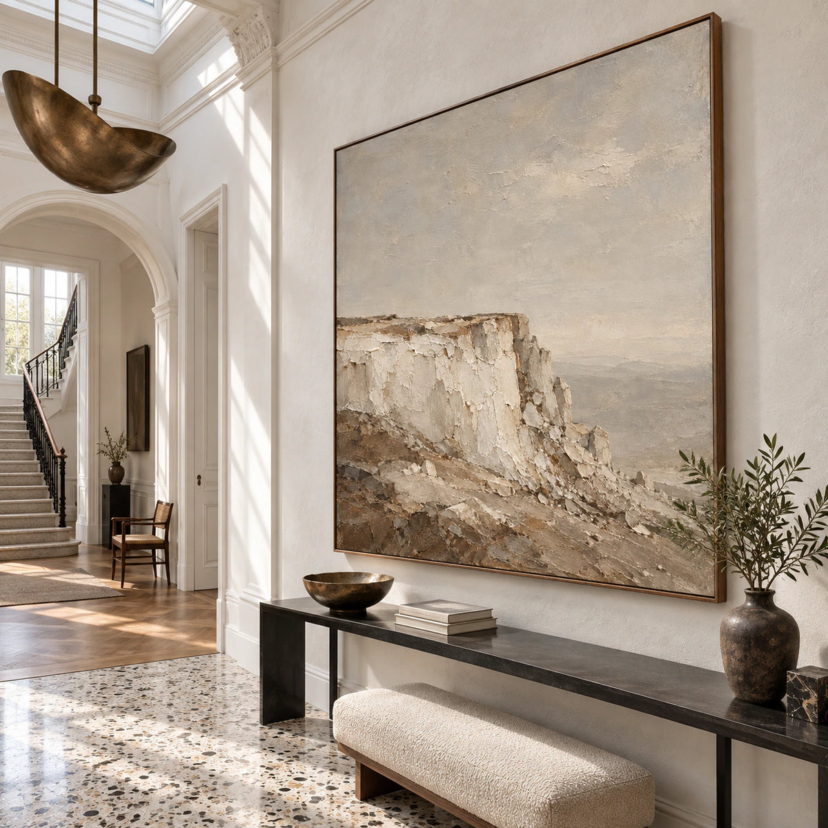 Gallery-scale foyer centered on the large square Chalk-Headland artwork.