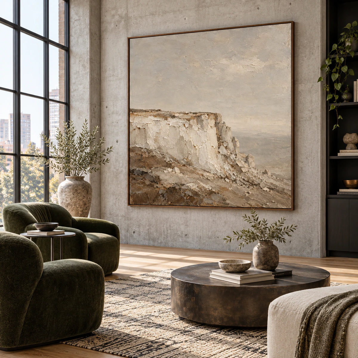 Expansive loft hospitality interior featuring Chalk-Headland as the visual anchor.