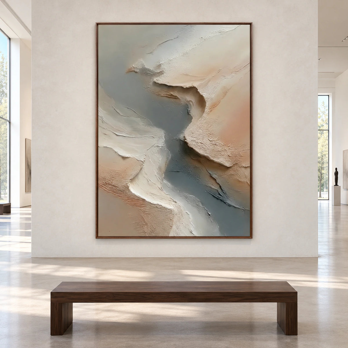 Large straight-on gallery interior with the vertical ivory, sand, and slate-gray textured abstract painting as the focal point.