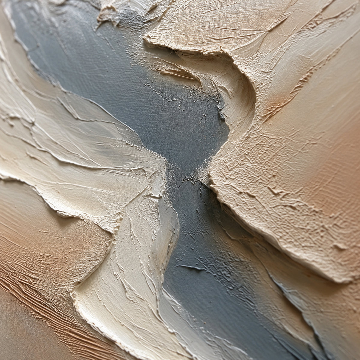 Chalk-Interstice oil painting brushwork and impasto detail photographed from an oblique side angle