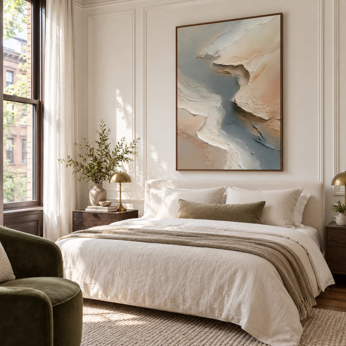 Quiet bedroom featuring the vertical abstract relief painting above a restrained upholstered bed.