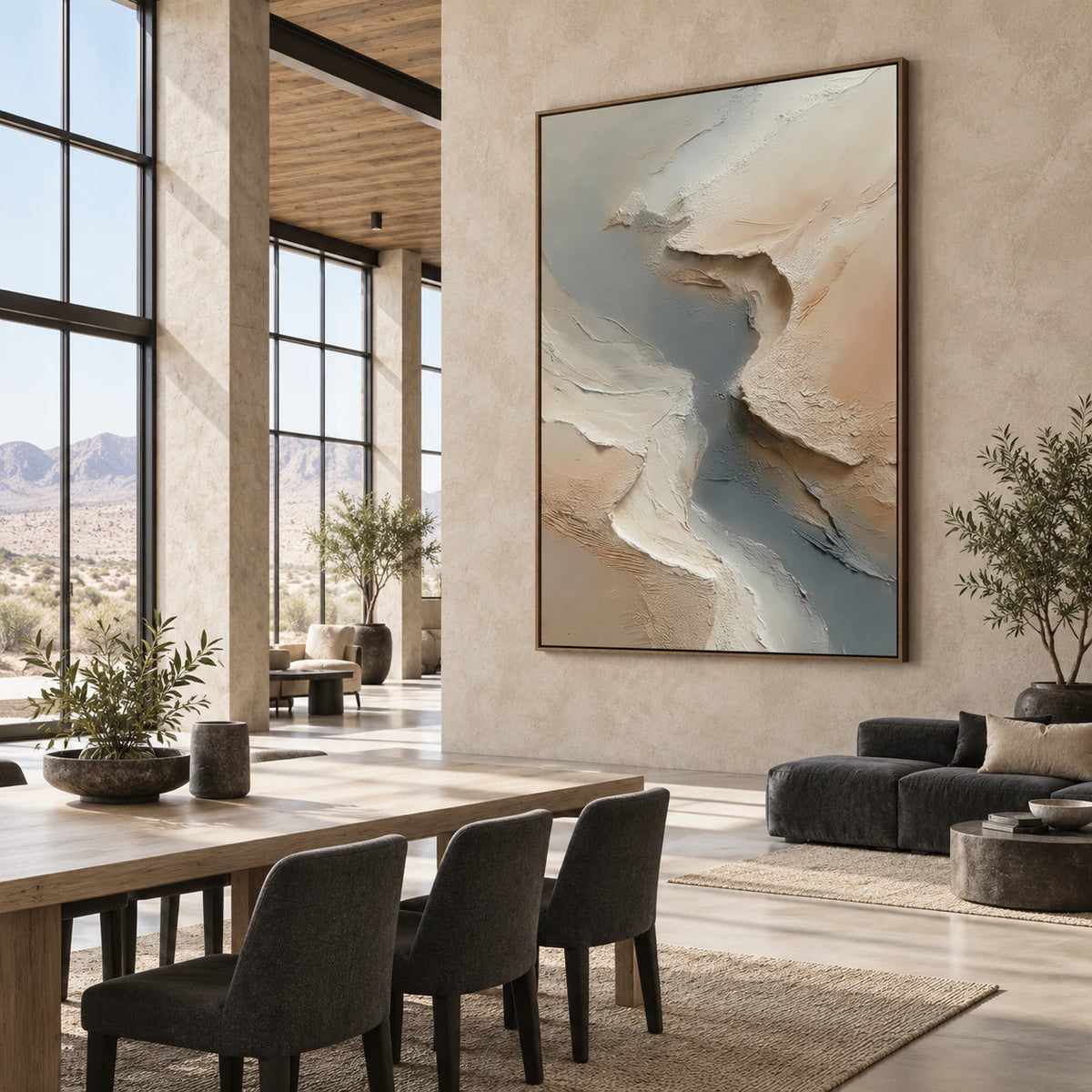 Expansive loft interior with the large textured abstract painting as the defining visual focal point.