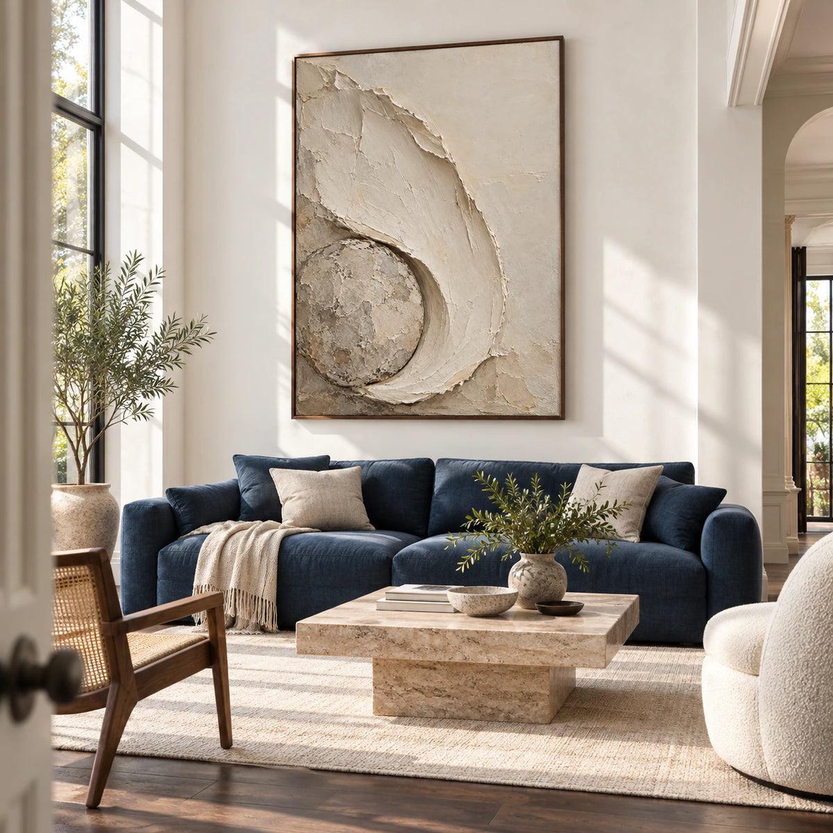 Chalk-Orbit as the focal artwork above a bright living room seating area.
