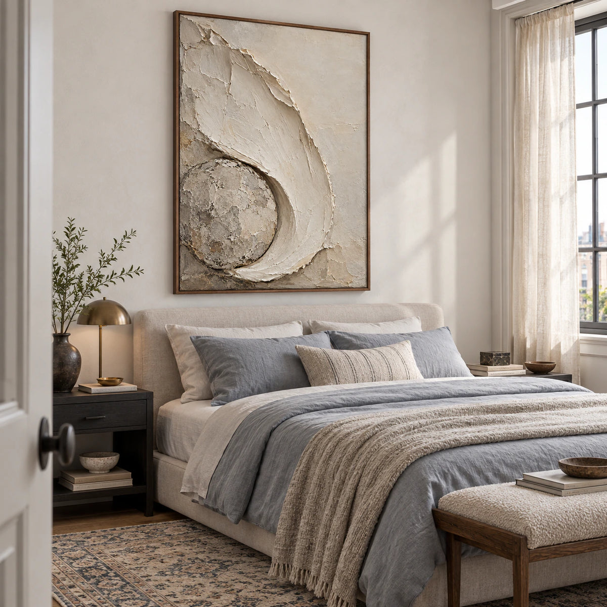 Chalk-Orbit bringing tactile quiet to a softly lit bedroom.