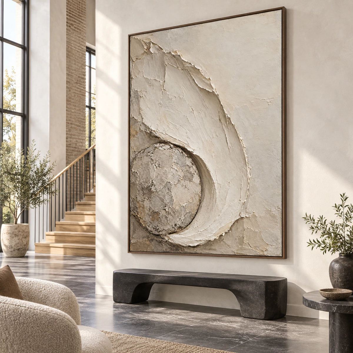 Chalk-Orbit at gallery scale in a bright, sculptural foyer.