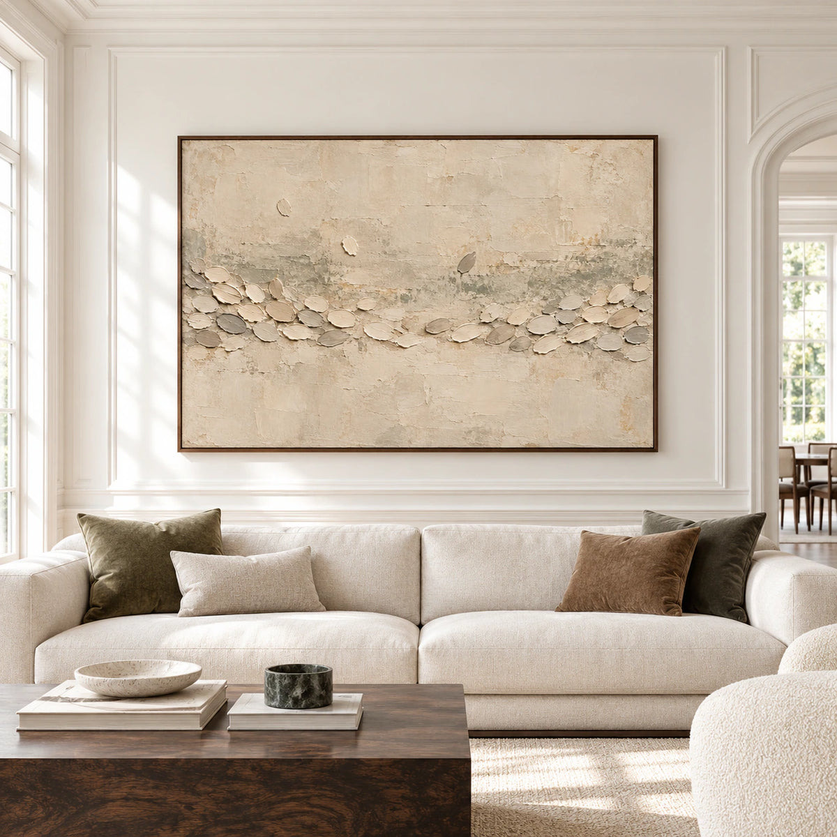 Large straight-on view of Chalk Procession above a low pale sofa in a spacious, sunlit room.