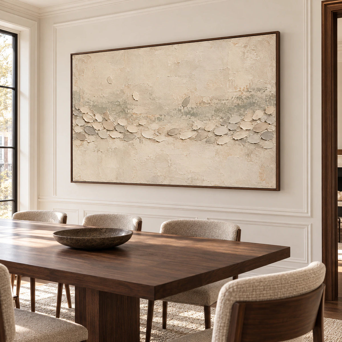 Chalk Procession above a dark wood dining table in a refined dining room with daylight and restrained furnishings.