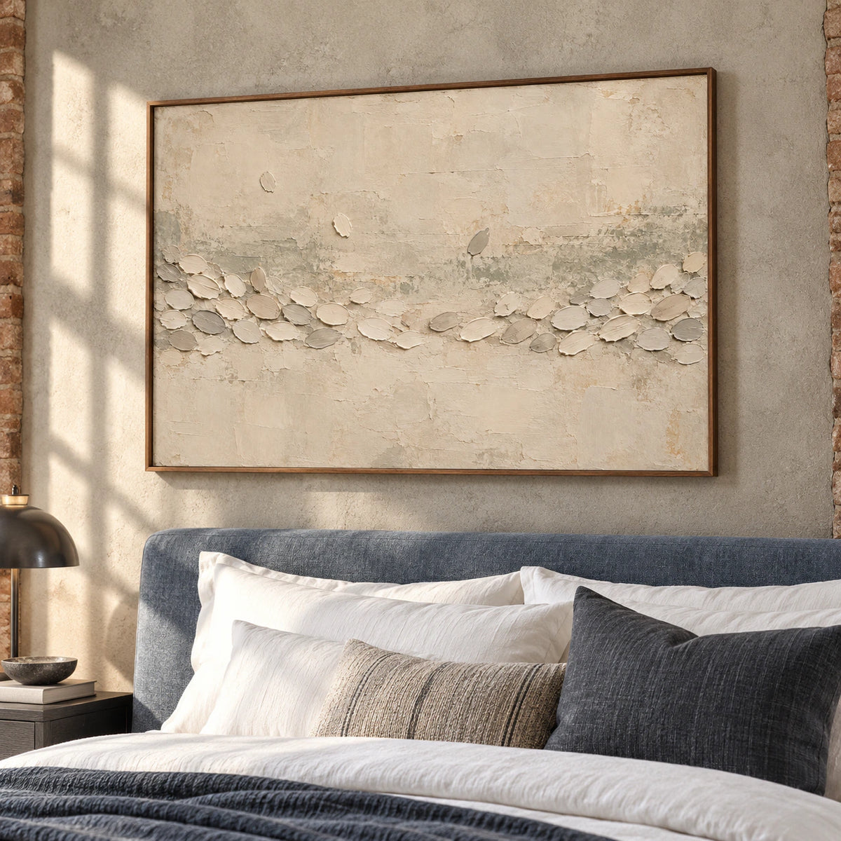 Chalk Procession above a muted blue-gray upholstered bed in a quiet, naturally lit bedroom.