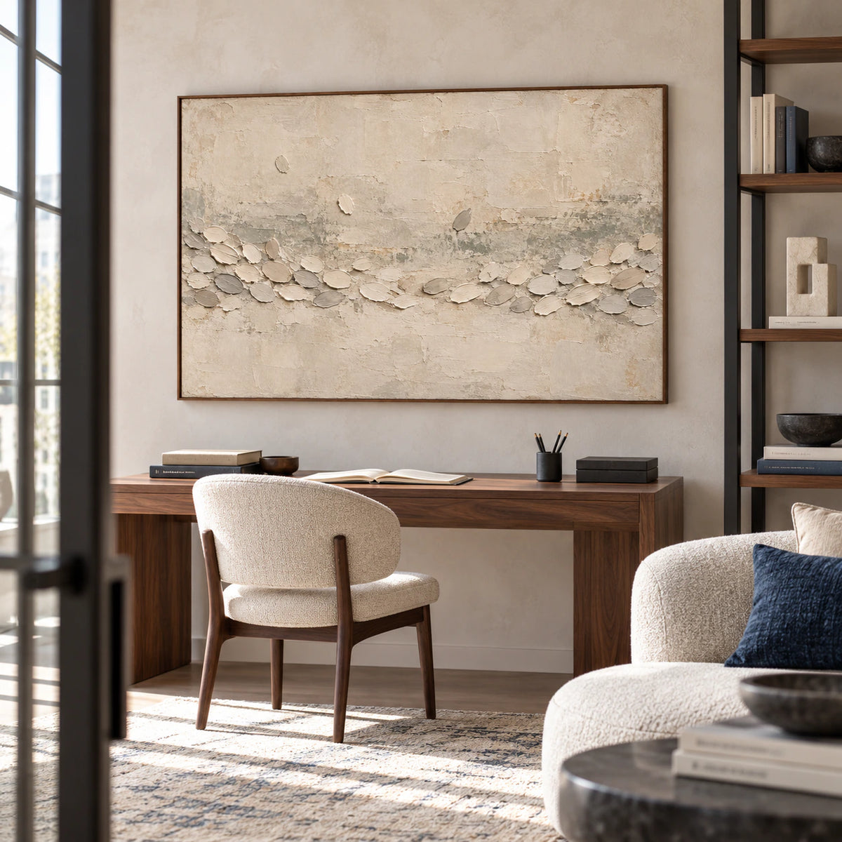 Chalk Procession above a walnut desk in an airy home office with open shelving and soft daylight.