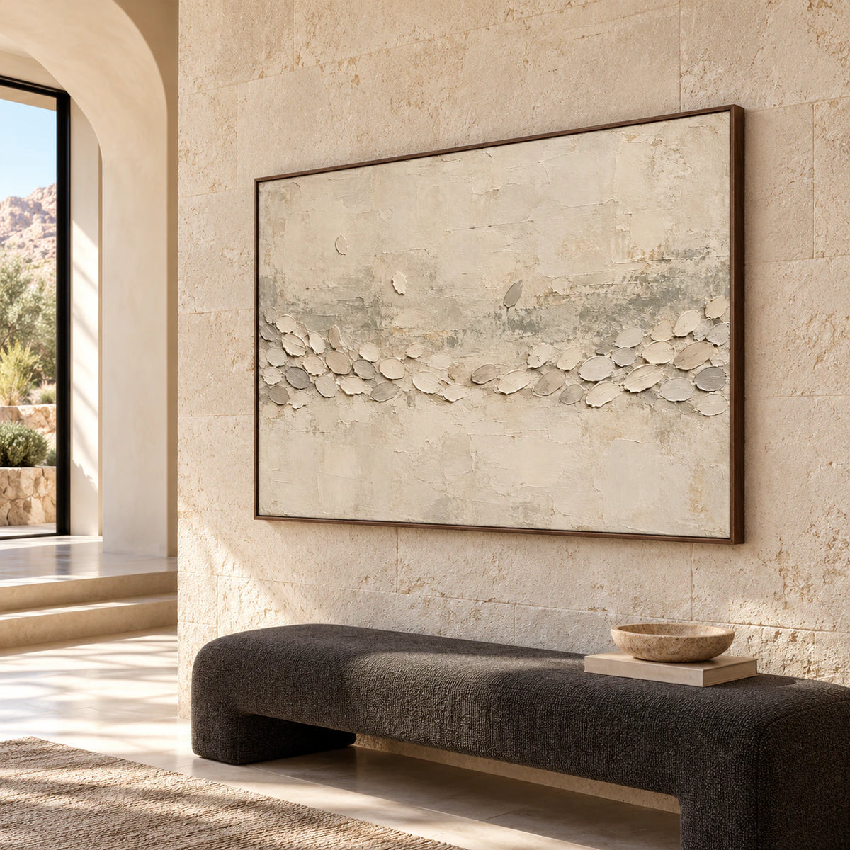 Chalk Procession commanding the wall of a bright gallery-scale foyer with stone flooring and sculptural seating.