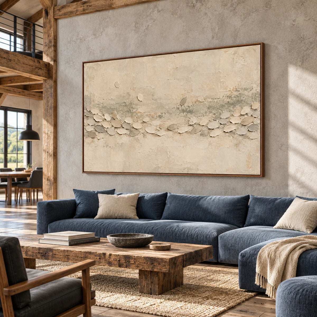 Chalk Procession displayed at large scale in a sunlit loft lounge with concrete architecture and understated furnishings.