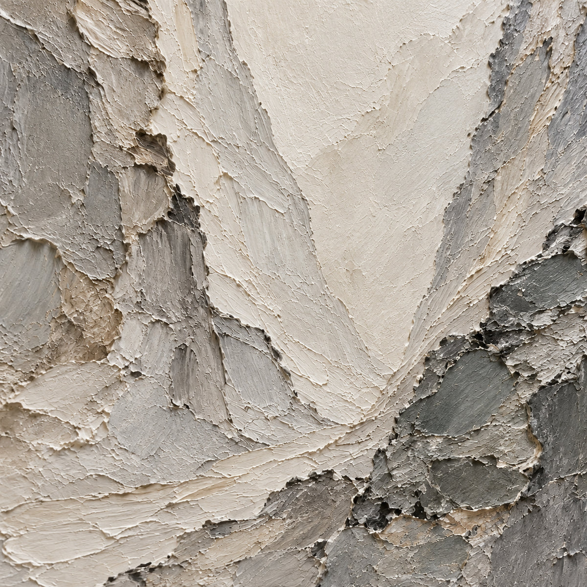 Chalk-Ravine oil painting brushwork and impasto detail photographed from an oblique side angle