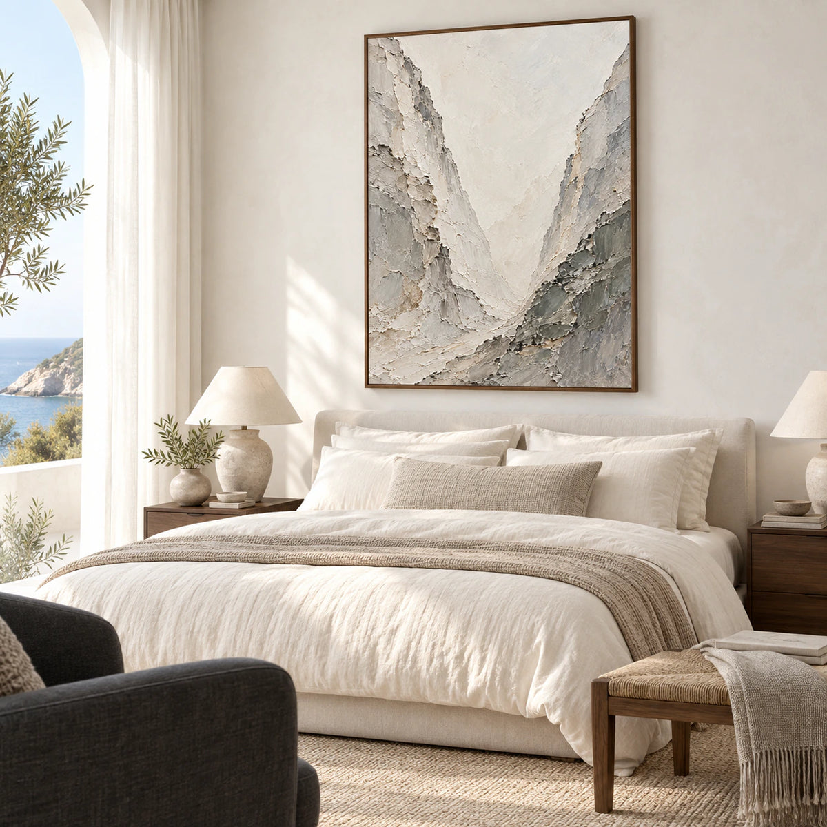 Chalk-Ravine displayed above a low bed in a quiet bright bedroom.