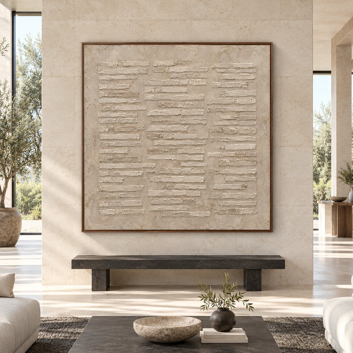 Large square chalk-white relief painting displayed straight-on in a bright expansive gallery living space.