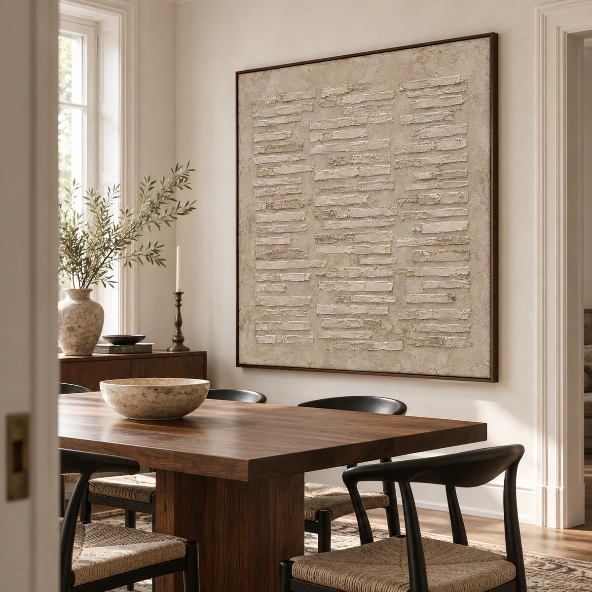Square textured abstract painting as the focal point of a refined daylight dining room.