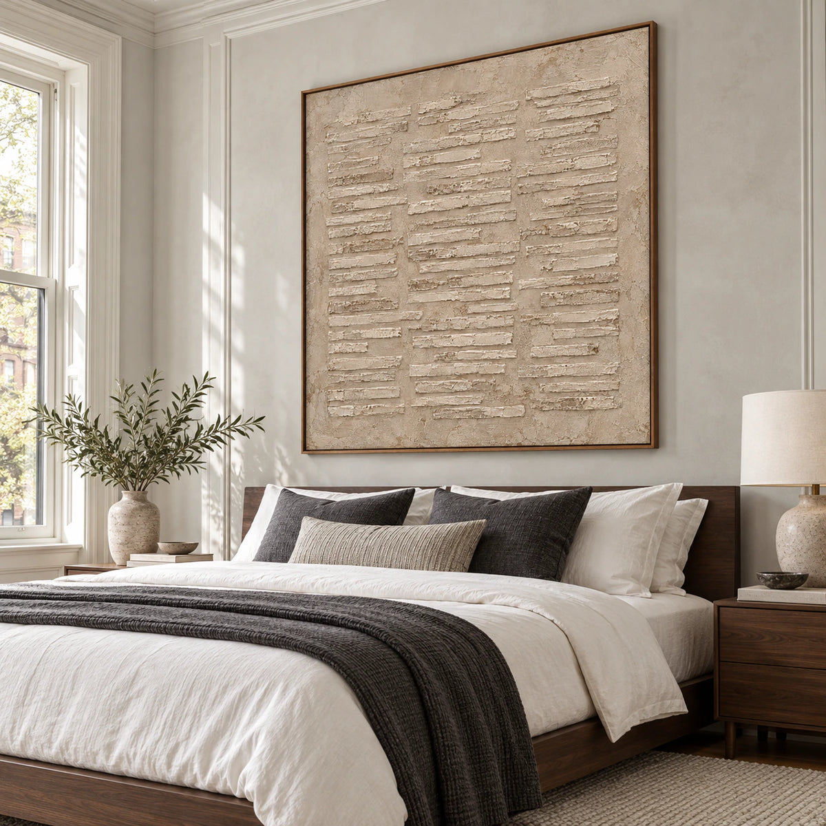 Square warm plaster and chalk relief painting in a calm, naturally lit bedroom.