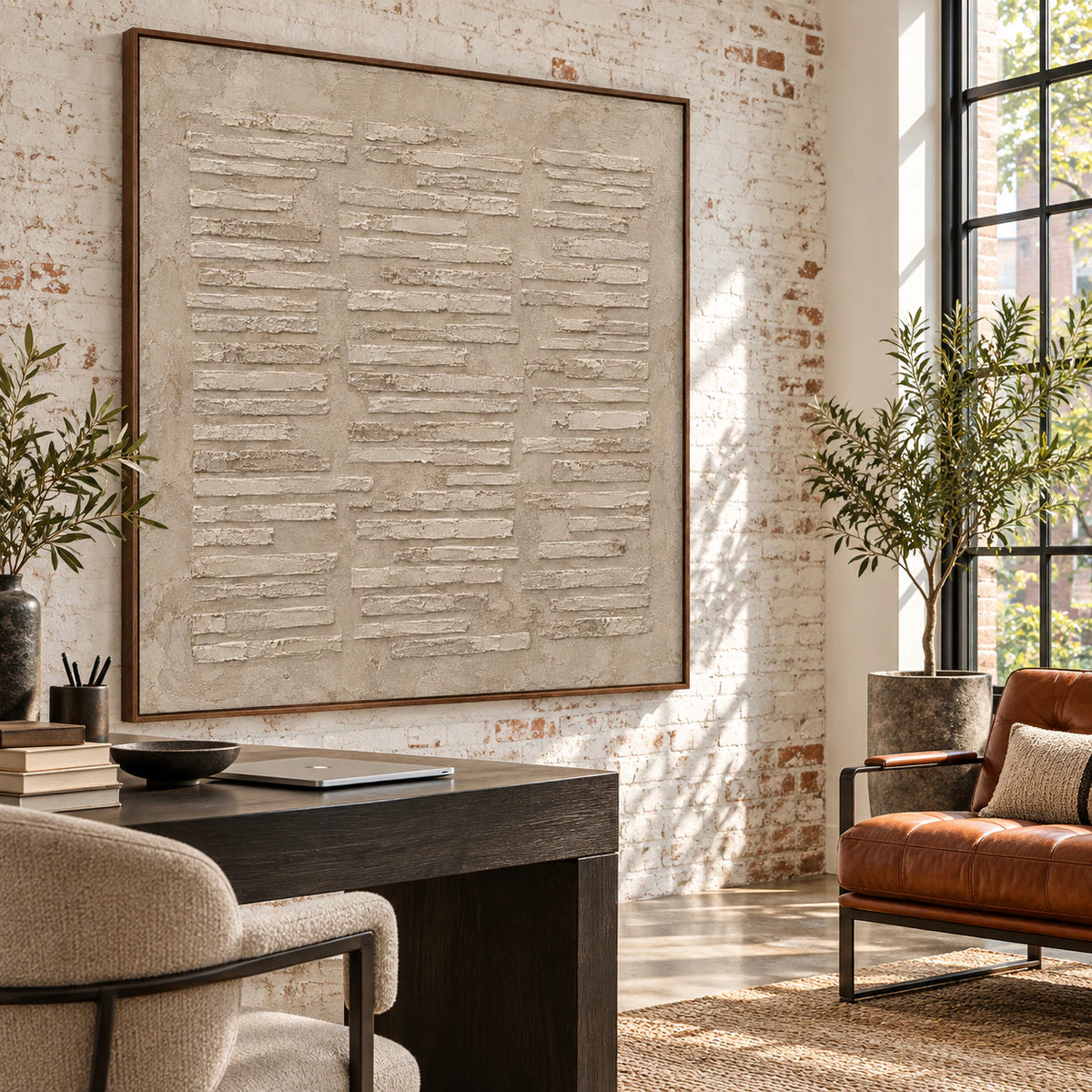 Square textured abstract painting in an airy home office reading space.
