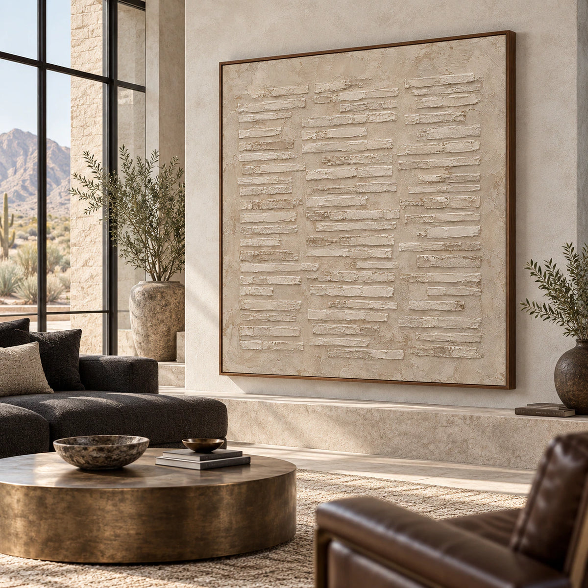 Square chalk-white textured painting as the focal point of an expansive loft hospitality interior.