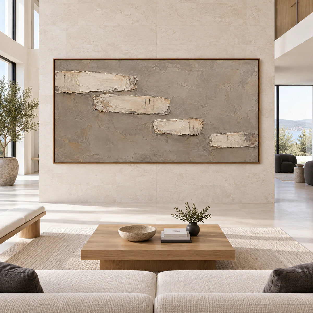 Chalk-Relief displayed at large scale straight-on in a bright, spacious architectural living room.