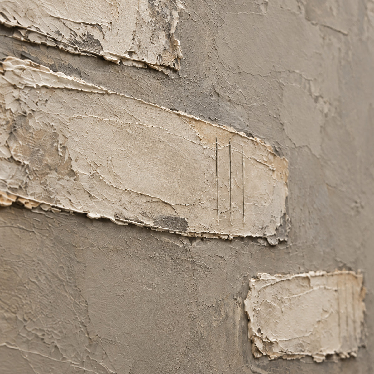 Chalk-Relief oil painting brushwork and impasto detail photographed from an oblique side angle