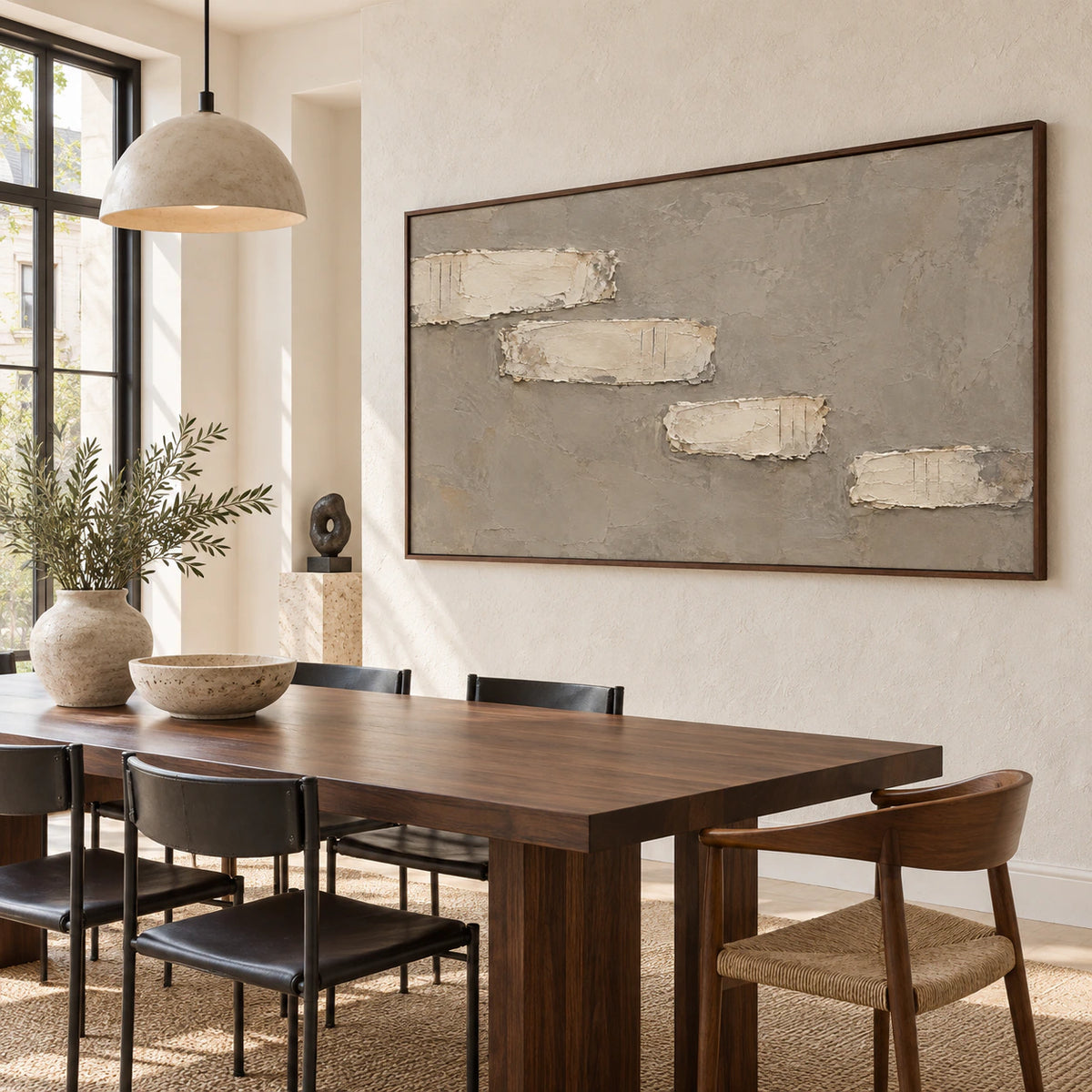 Chalk-Relief above a refined dining setting with daylight and restrained materials.