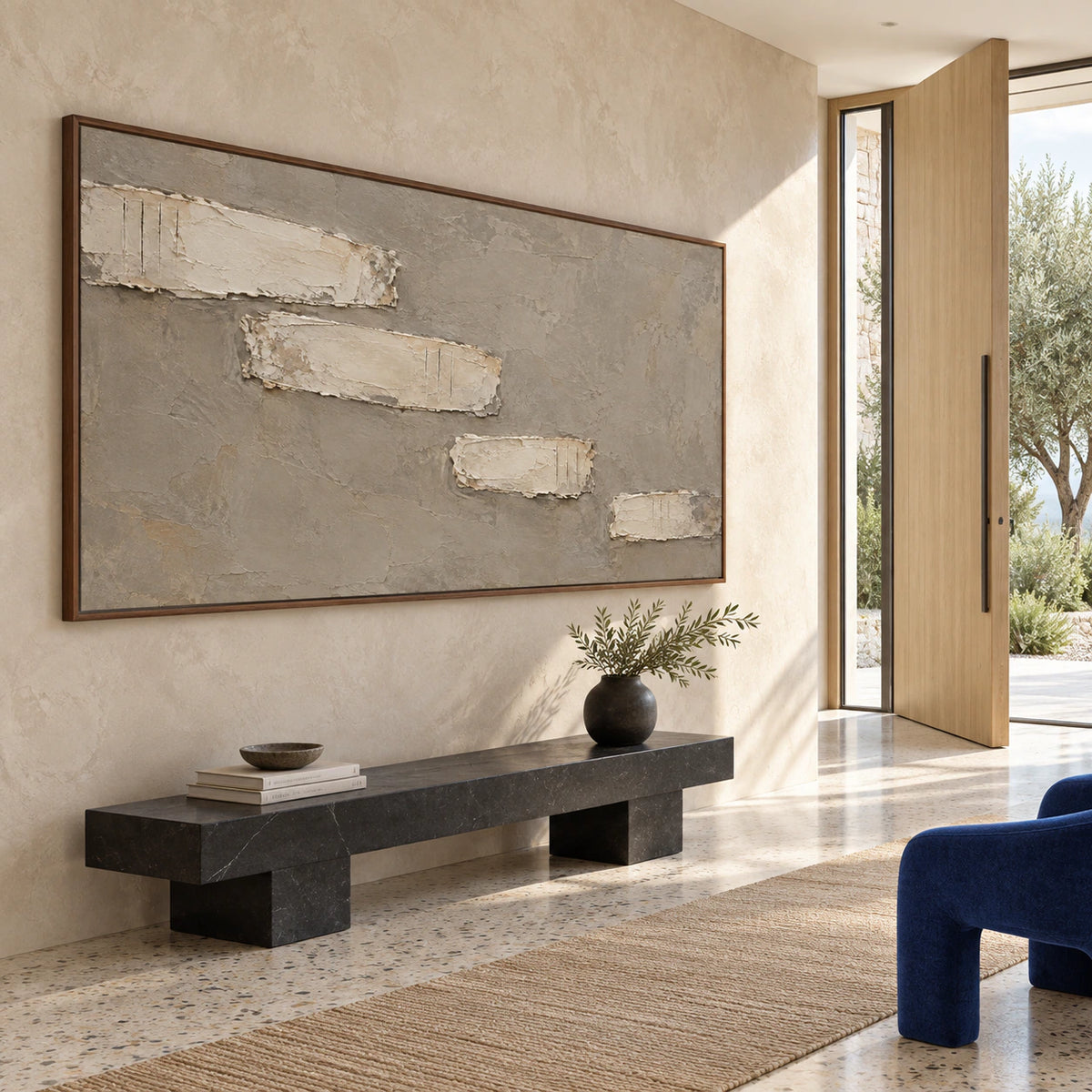 Chalk-Relief at gallery scale in a bright, sculptural foyer.