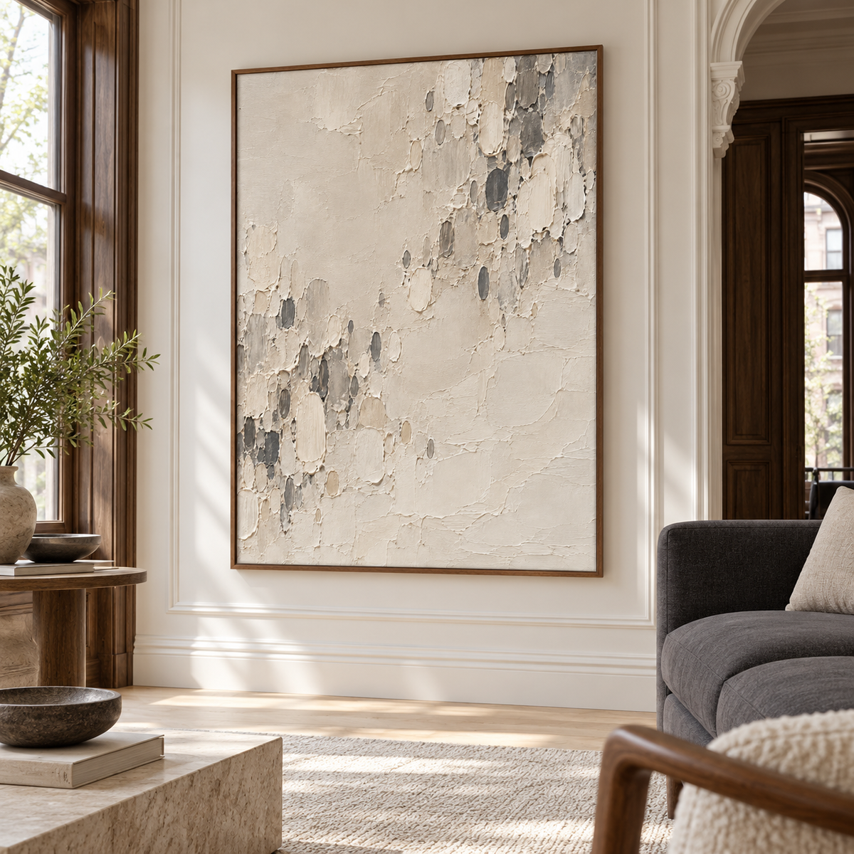 Chalk-Reliquary above a charcoal-gray sofa, viewed from the right at seated eye level in a bright living room with a pale floor and dark wood accents.