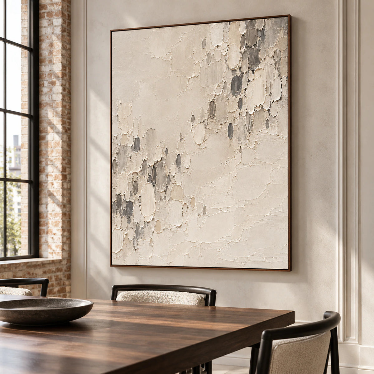 Chalk-Reliquary in a dining room with a dark walnut table, slender black chairs and wall panels, viewed from the left with daylight from a broad side window.