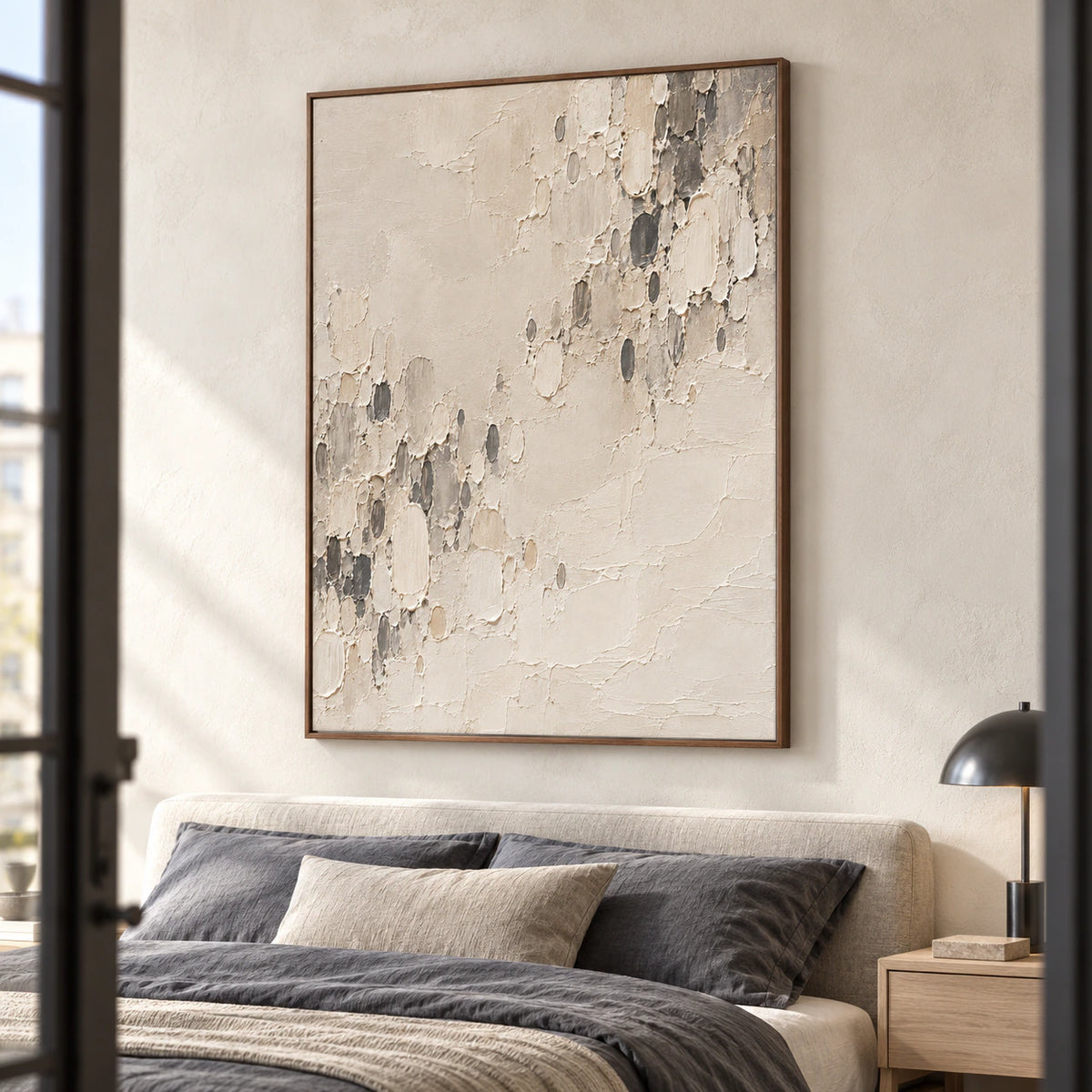 Chalk-Reliquary above a low bed with muted slate linens and a pale oak bedside table, viewed from the right near the foot of the bed in soft side daylight.