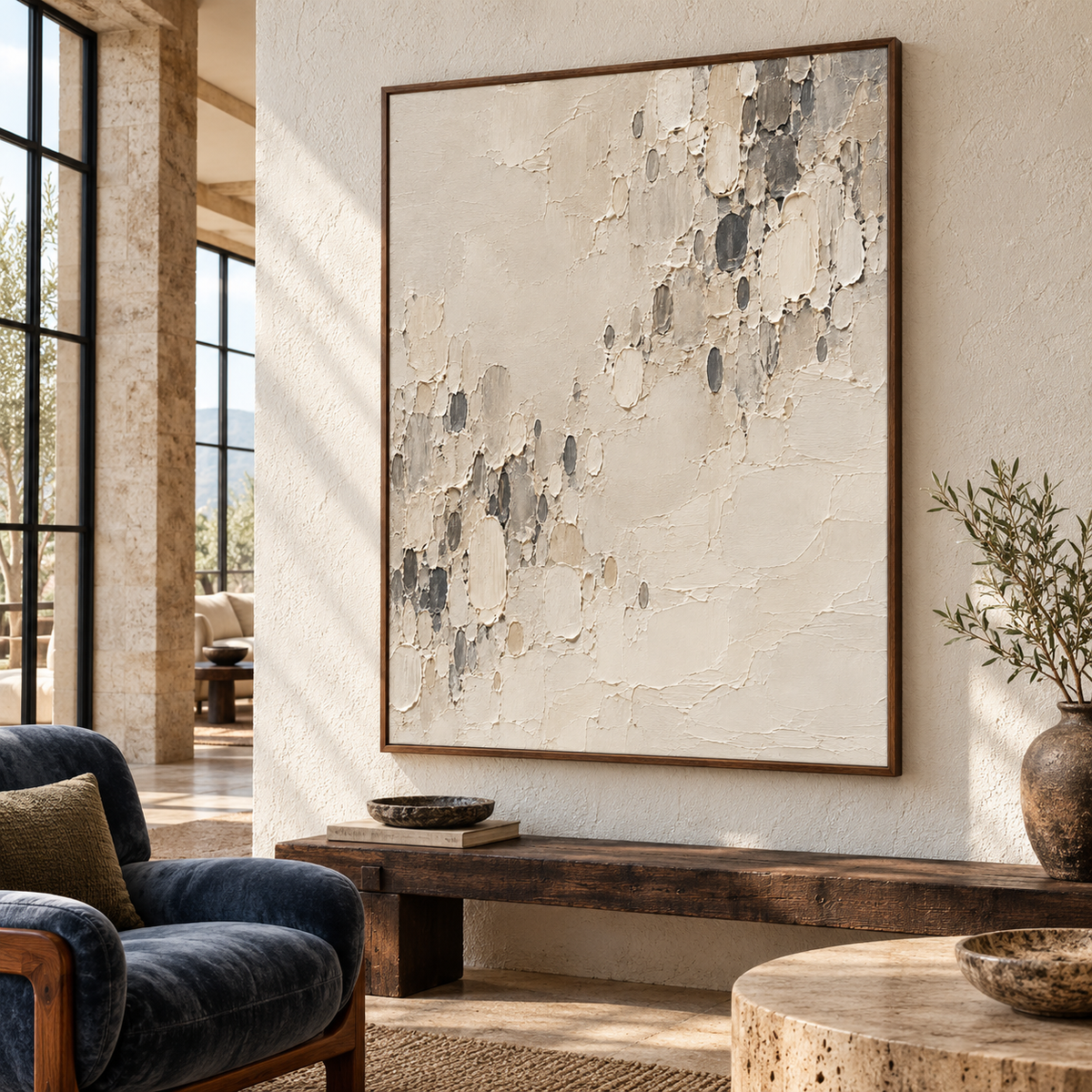 Chalk-Reliquary on a pale concrete wall in a spacious loft with a blue-gray lounge chair, dark timber bench and steel-framed windows, viewed from the right at eye level.