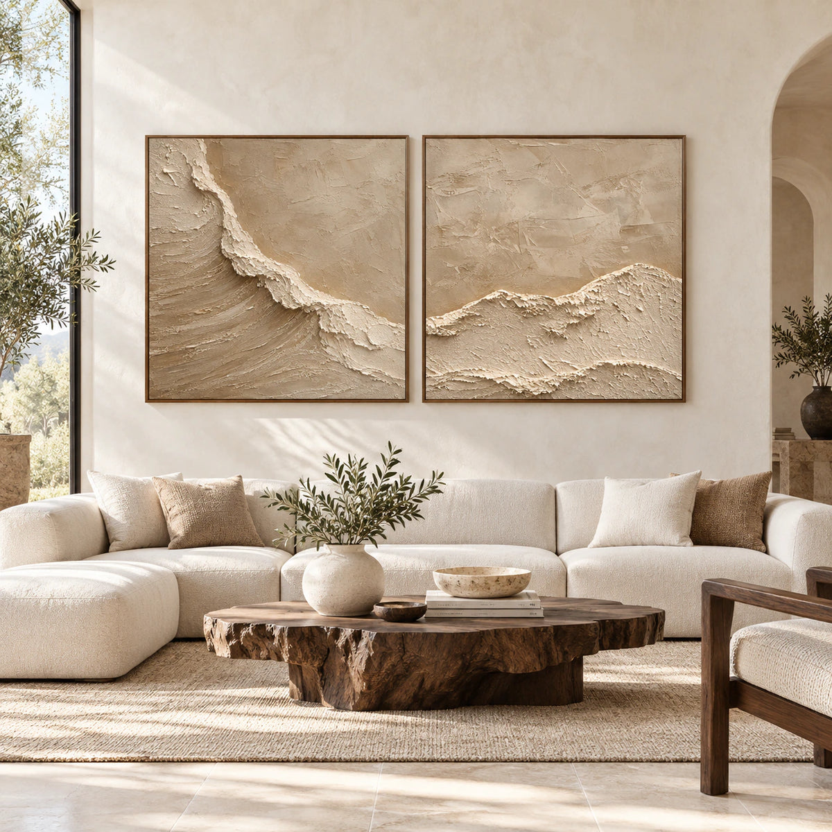 Large straight-on architectural room with the Chalk-Ridge square diptych as the central wall artwork.