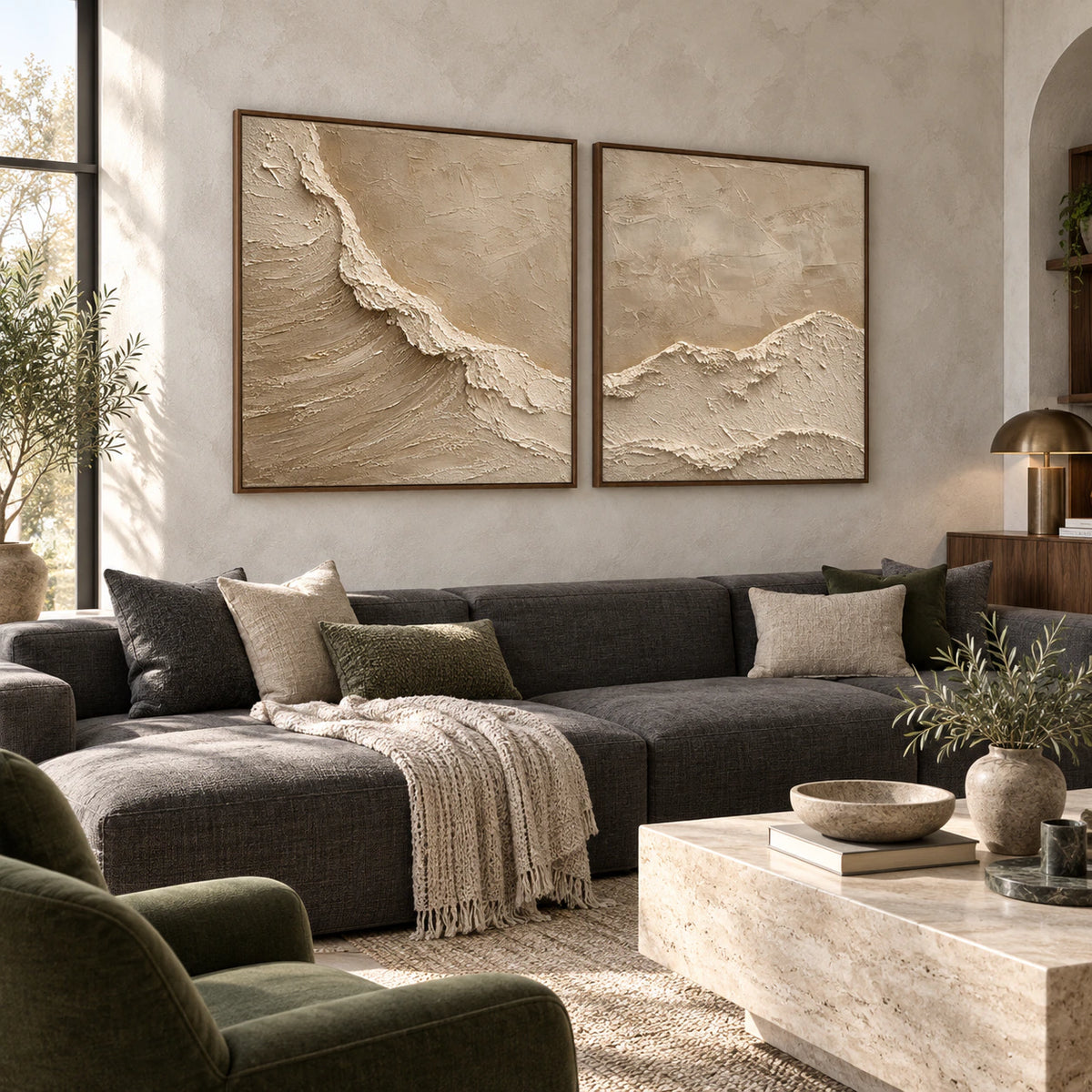 Bright living room with the Chalk-Ridge diptych hung prominently above a restrained seating arrangement.